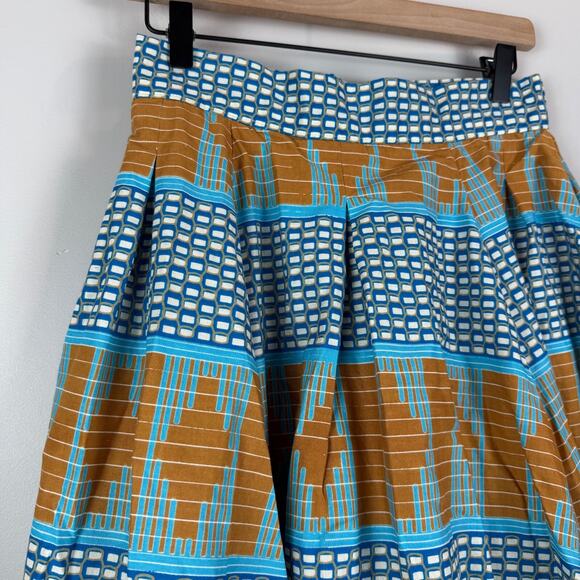 Francis + Benedict A-Line Skirt Women's Small Blue Brown Geo Pleated Togo Africa - Picture 2 of 10